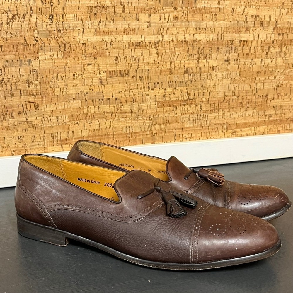 Mezlan Havana Brown Leather Tassel Loafers Mens 10.5 W Made in Spain Brogue Toe